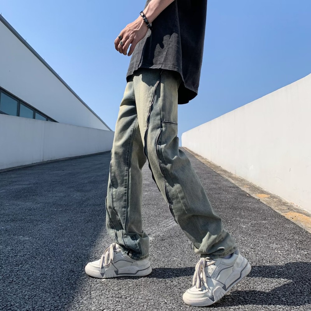 『癮品流行』美式復古高街牛仔長褲 拉鏈設計 泥黃直筒長褲 休閒長褲 修身顯腿長 休閒百搭 S-3XL-細節圖4