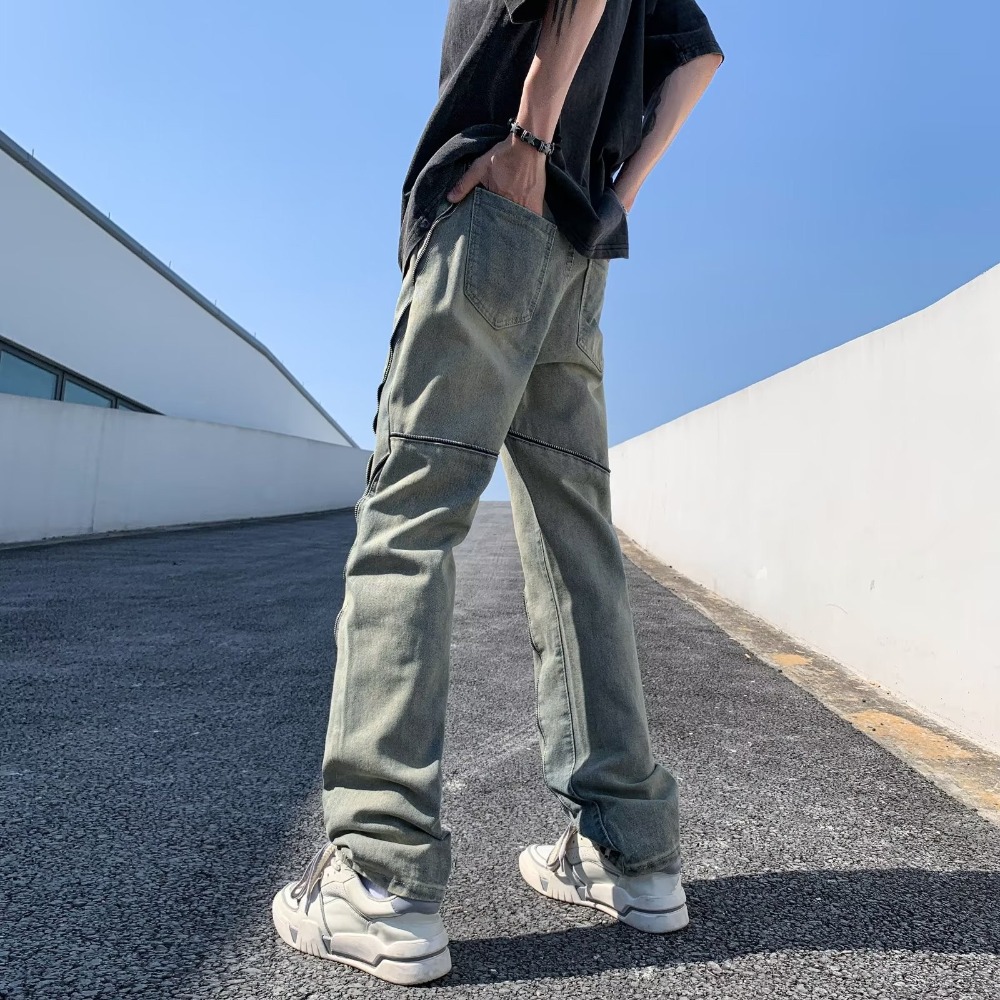 『癮品流行』美式復古高街牛仔長褲 拉鏈設計 泥黃直筒長褲 休閒長褲 修身顯腿長 休閒百搭 S-3XL-細節圖5