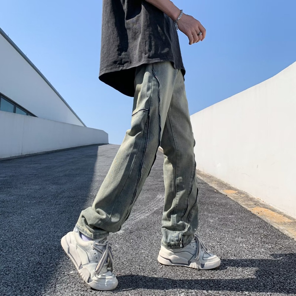 『癮品流行』美式復古高街牛仔長褲 拉鏈設計 泥黃直筒長褲 休閒長褲 修身顯腿長 休閒百搭 S-3XL-細節圖6