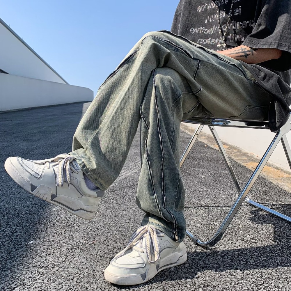 『癮品流行』美式復古高街牛仔長褲 拉鏈設計 泥黃直筒長褲 休閒長褲 修身顯腿長 休閒百搭 S-3XL-細節圖7