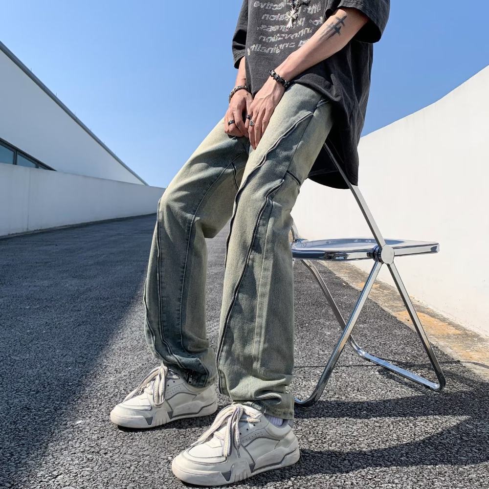 『癮品流行』美式復古高街牛仔長褲 拉鏈設計 泥黃直筒長褲 休閒長褲 修身顯腿長 休閒百搭 S-3XL-細節圖8