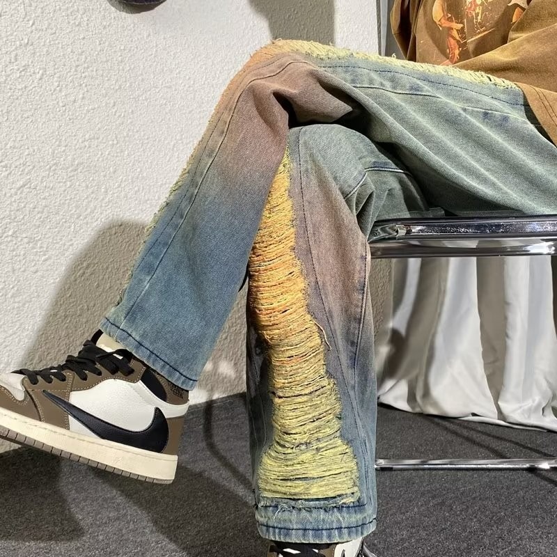 『癮品流行』歐美高街復古潮流牛仔長褲 設計感痞帥破洞牛仔褲 休閒長褲 九分褲 直筒牛仔褲 修身顯腿長 S-3XL-細節圖10