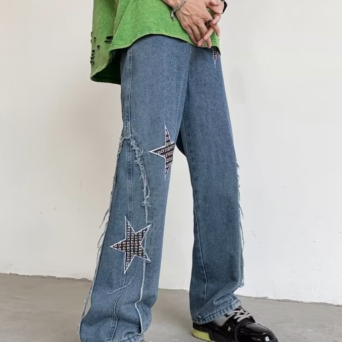 『癮品流行』星星刺繡 美式高街復古潮流牛仔長褲 直筒牛仔褲 休閒長褲 設計感 休閒百搭 S-3XL-細節圖3