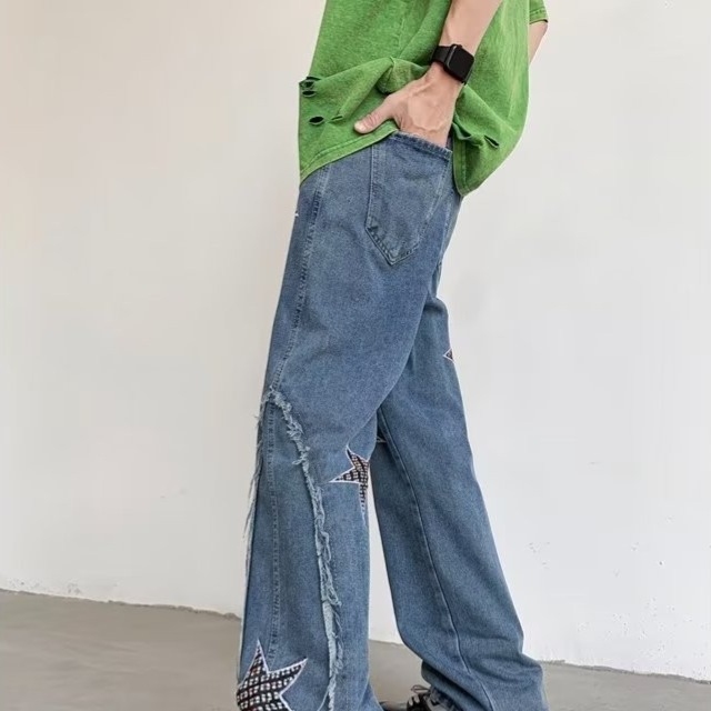 『癮品流行』星星刺繡 美式高街復古潮流牛仔長褲 直筒牛仔褲 休閒長褲 設計感 休閒百搭 S-3XL-細節圖4