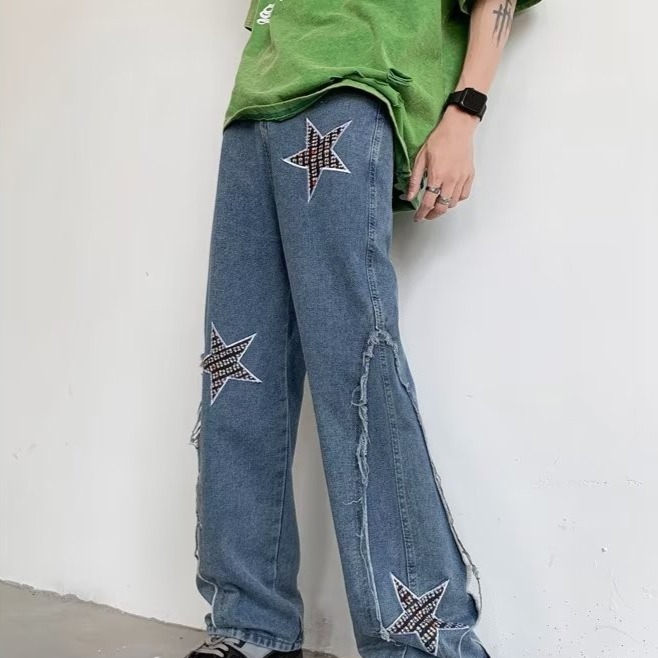 『癮品流行』星星刺繡 美式高街復古潮流牛仔長褲 直筒牛仔褲 休閒長褲 設計感 休閒百搭 S-3XL-細節圖5