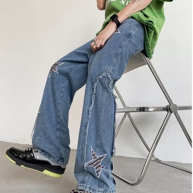 『癮品流行』星星刺繡 美式高街復古潮流牛仔長褲 直筒牛仔褲 休閒長褲 設計感 休閒百搭 S-3XL-細節圖8