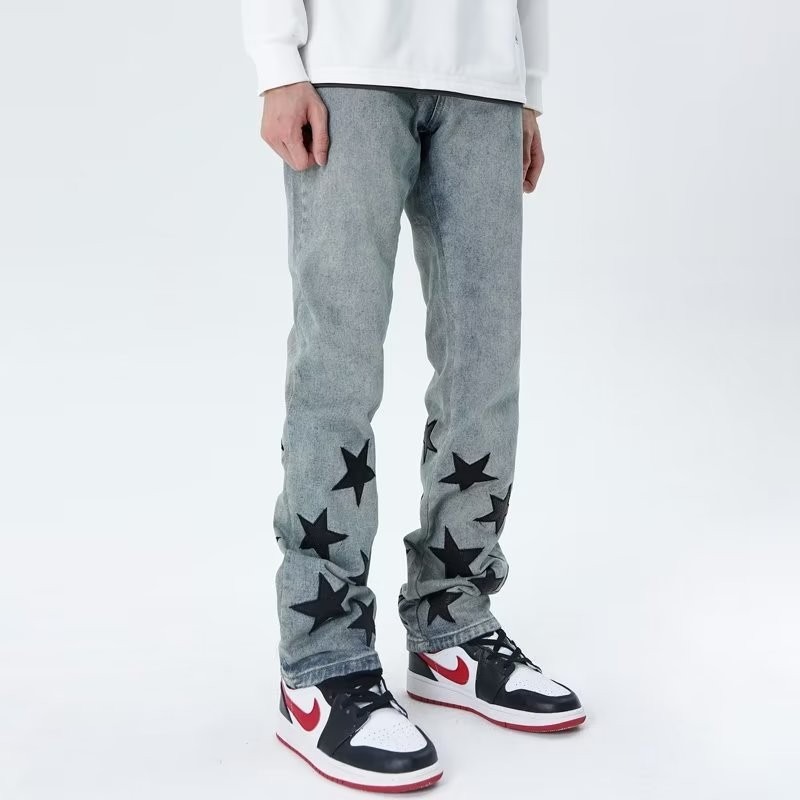 『癮品流行』星星印花 復古高街牛仔長褲 直筒牛仔褲 休閒長褲 設計感 休閒百搭 修身顯腿長 S-3XL-細節圖3