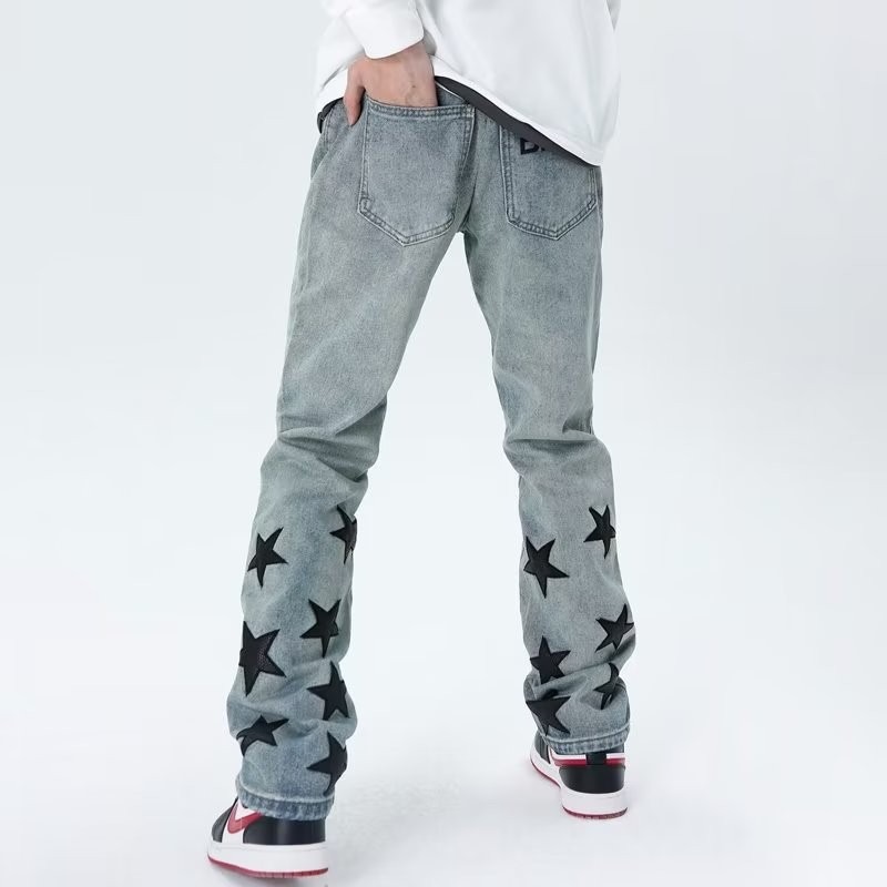 『癮品流行』星星印花 復古高街牛仔長褲 直筒牛仔褲 休閒長褲 設計感 休閒百搭 修身顯腿長 S-3XL-細節圖7