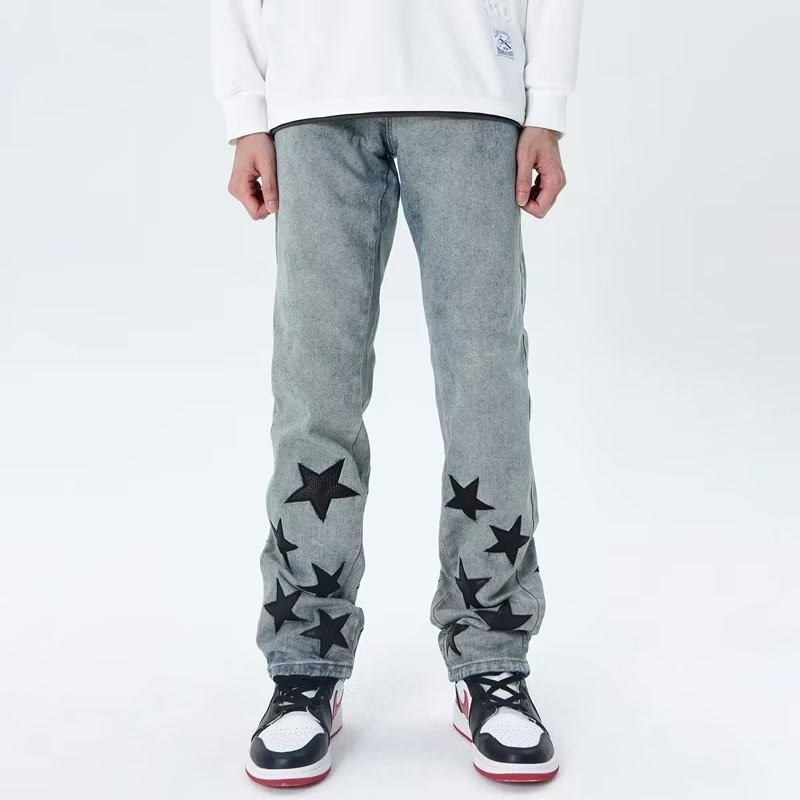 『癮品流行』星星印花 復古高街牛仔長褲 直筒牛仔褲 休閒長褲 設計感 休閒百搭 修身顯腿長 S-3XL-細節圖8