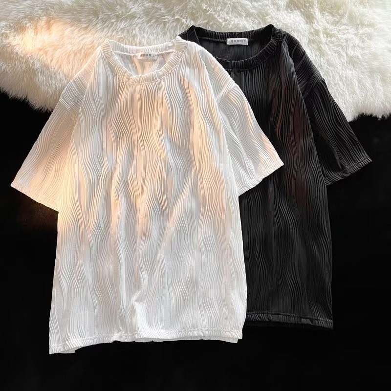 『癮品流行』水波紋短袖T恤 男生夏季T恤 圓領上衣 素色T恤 休閒百搭 純色簡約 小碼寬鬆 M-2XL-細節圖6