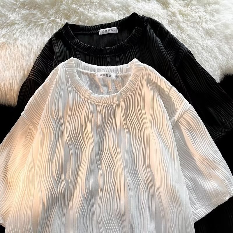 『癮品流行』水波紋短袖T恤 男生夏季T恤 圓領上衣 素色T恤 休閒百搭 純色簡約 小碼寬鬆 M-2XL-細節圖7