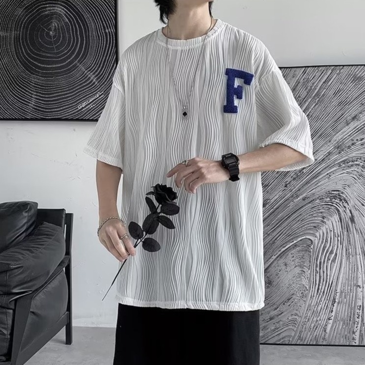 『癮品流行』水波紋T恤 夏季短袖T恤男 T恤男 素色T恤 個性設計感 休閒百搭 小碼寬鬆 M-2XL-細節圖3