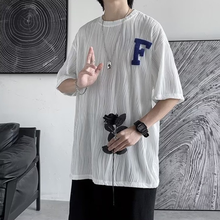 『癮品流行』水波紋T恤 夏季短袖T恤男 T恤男 素色T恤 個性設計感 休閒百搭 小碼寬鬆 M-2XL-細節圖4