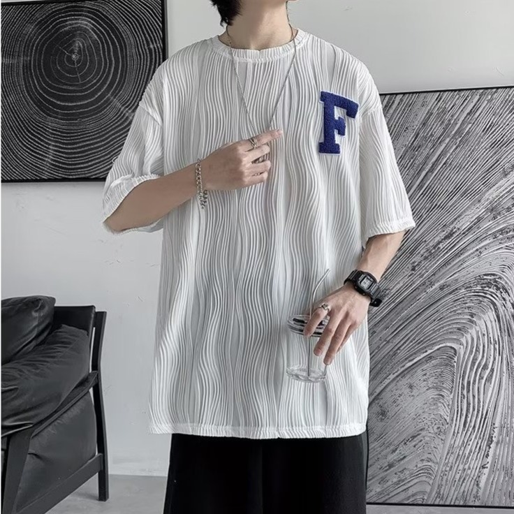 『癮品流行』水波紋T恤 夏季短袖T恤男 T恤男 素色T恤 個性設計感 休閒百搭 小碼寬鬆 M-2XL-細節圖5