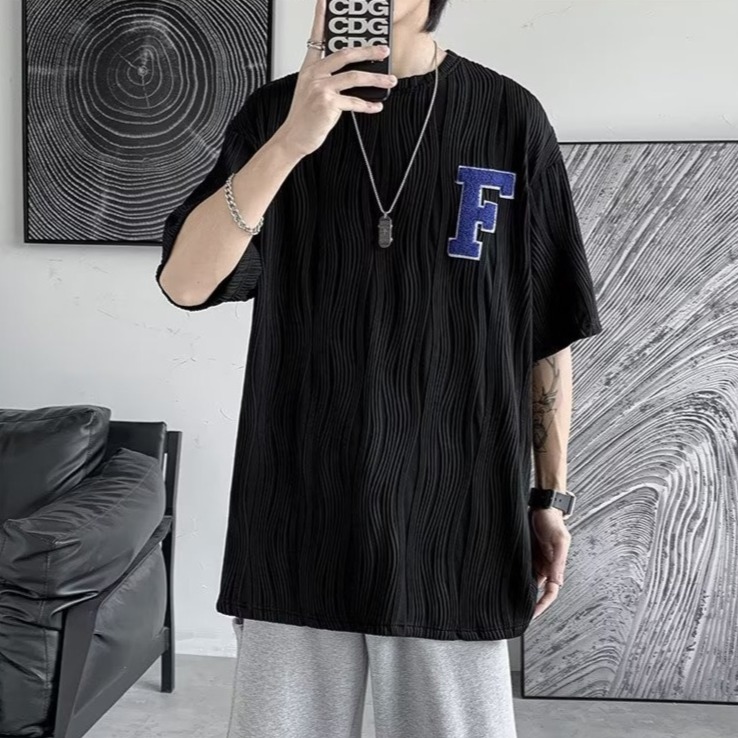 『癮品流行』水波紋T恤 夏季短袖T恤男 T恤男 素色T恤 個性設計感 休閒百搭 小碼寬鬆 M-2XL-細節圖6