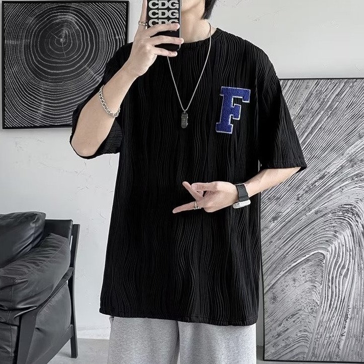 『癮品流行』水波紋T恤 夏季短袖T恤男 T恤男 素色T恤 個性設計感 休閒百搭 小碼寬鬆 M-2XL-細節圖7