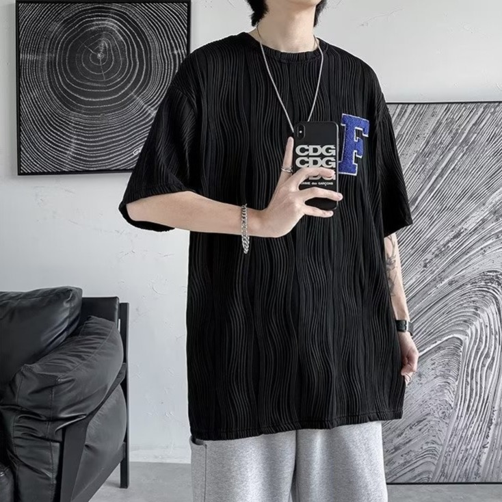 『癮品流行』水波紋T恤 夏季短袖T恤男 T恤男 素色T恤 個性設計感 休閒百搭 小碼寬鬆 M-2XL-細節圖8
