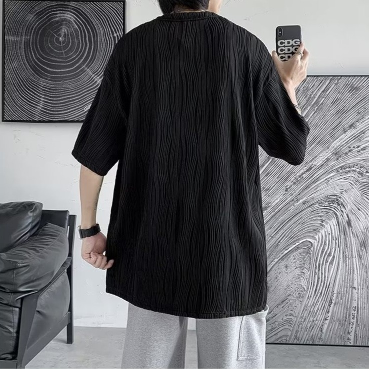 『癮品流行』水波紋T恤 夏季短袖T恤男 T恤男 素色T恤 個性設計感 休閒百搭 小碼寬鬆 M-2XL-細節圖9