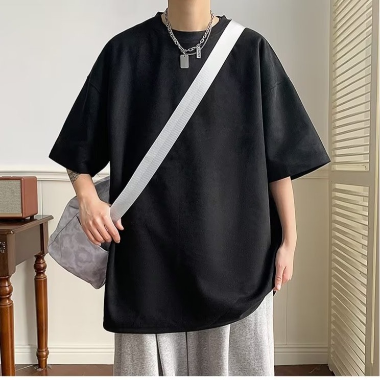 『癮品流行』美式復古高街麂皮絨T恤 素色T恤 五分袖 圓領上衣 純色簡約 休閒百搭 寬鬆oversize M-3XL-細節圖3