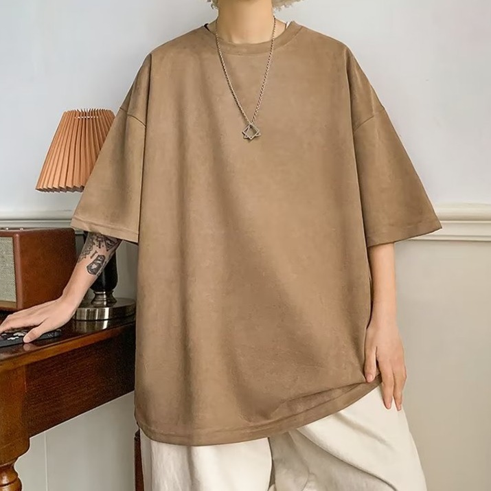 『癮品流行』美式復古高街麂皮絨T恤 素色T恤 五分袖 圓領上衣 純色簡約 休閒百搭 寬鬆oversize M-3XL-細節圖4