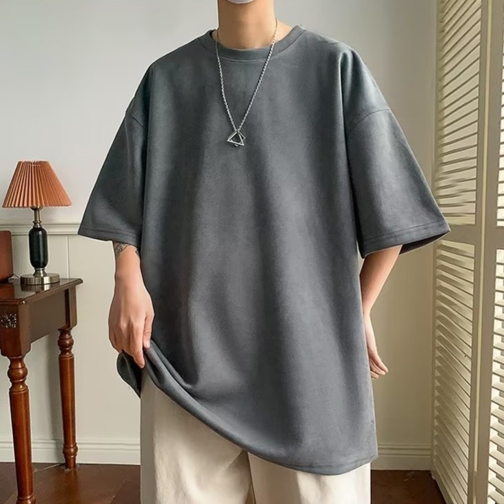 『癮品流行』美式復古高街麂皮絨T恤 素色T恤 五分袖 圓領上衣 純色簡約 休閒百搭 寬鬆oversize M-3XL-細節圖9