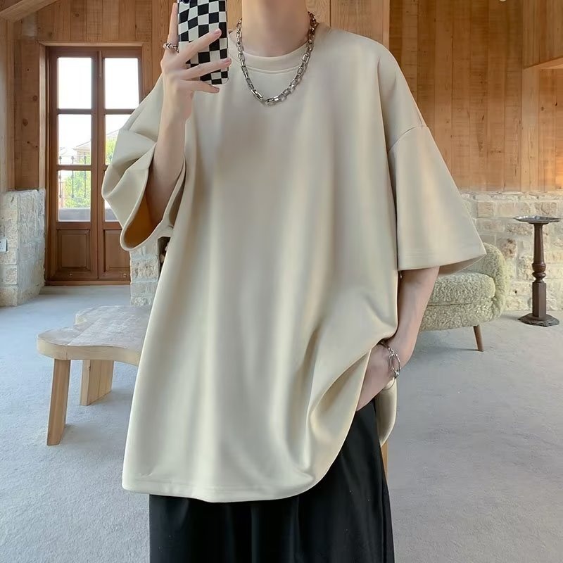 『癮品流行』美式重磅復古高街短袖T恤 麂皮絨T恤 素色T恤 圓領上衣 五分袖 純色簡約 休閒百搭 M-3XL-細節圖3