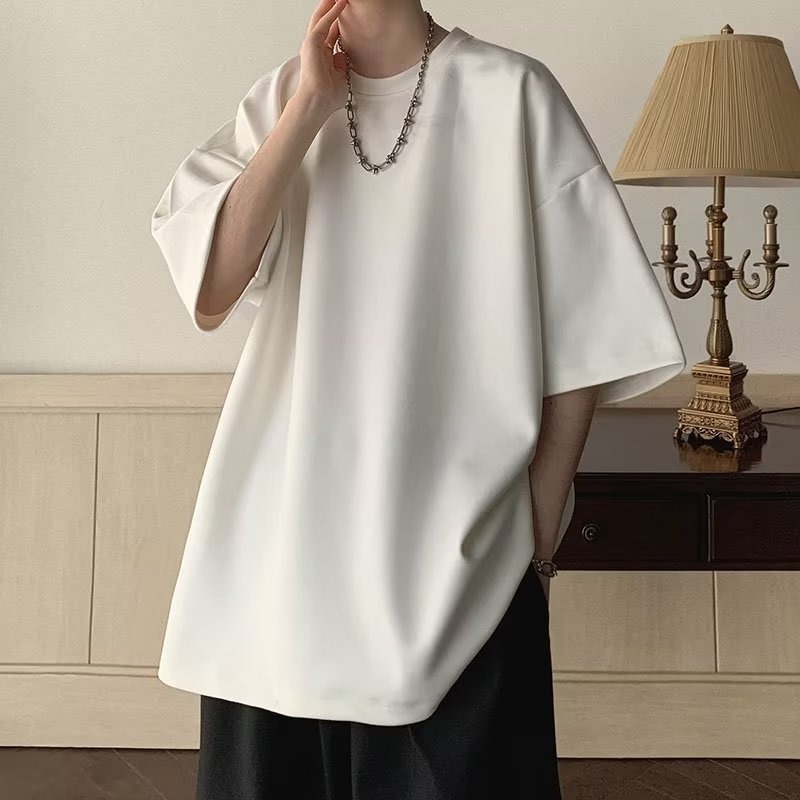 『癮品流行』美式重磅復古高街短袖T恤 麂皮絨T恤 素色T恤 圓領上衣 五分袖 純色簡約 休閒百搭 M-3XL-細節圖5