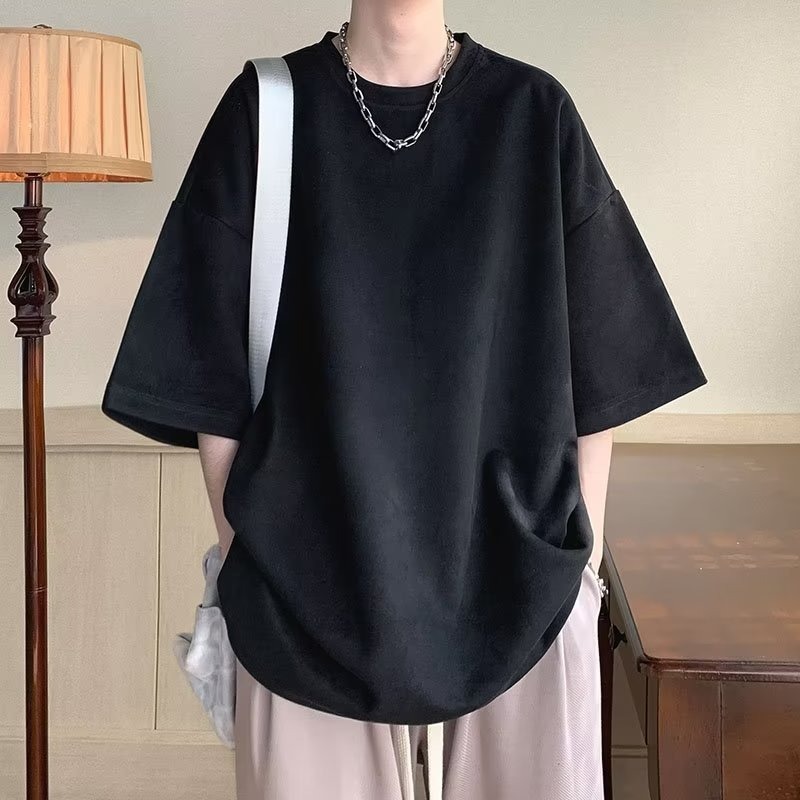 『癮品流行』美式重磅復古高街短袖T恤 麂皮絨T恤 素色T恤 圓領上衣 五分袖 純色簡約 休閒百搭 M-3XL-細節圖6