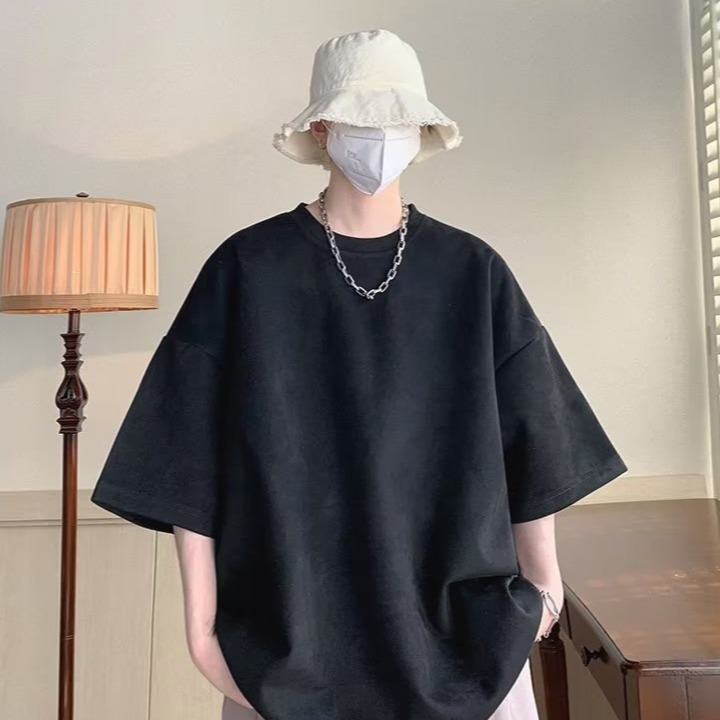 『癮品流行』美式重磅復古高街短袖T恤 麂皮絨T恤 素色T恤 圓領上衣 五分袖 純色簡約 休閒百搭 M-3XL-細節圖7