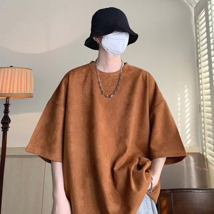 『癮品流行』美式重磅復古高街短袖T恤 麂皮絨T恤 素色T恤 圓領上衣 五分袖 純色簡約 休閒百搭 M-3XL-細節圖8