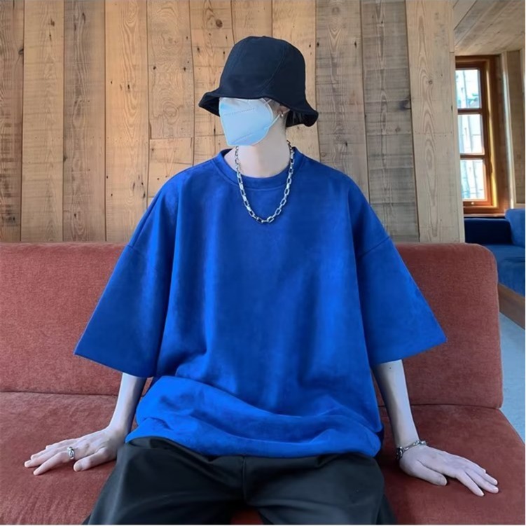 『癮品流行』美式重磅復古高街短袖T恤 麂皮絨T恤 素色T恤 圓領上衣 五分袖 純色簡約 休閒百搭 M-3XL-細節圖10