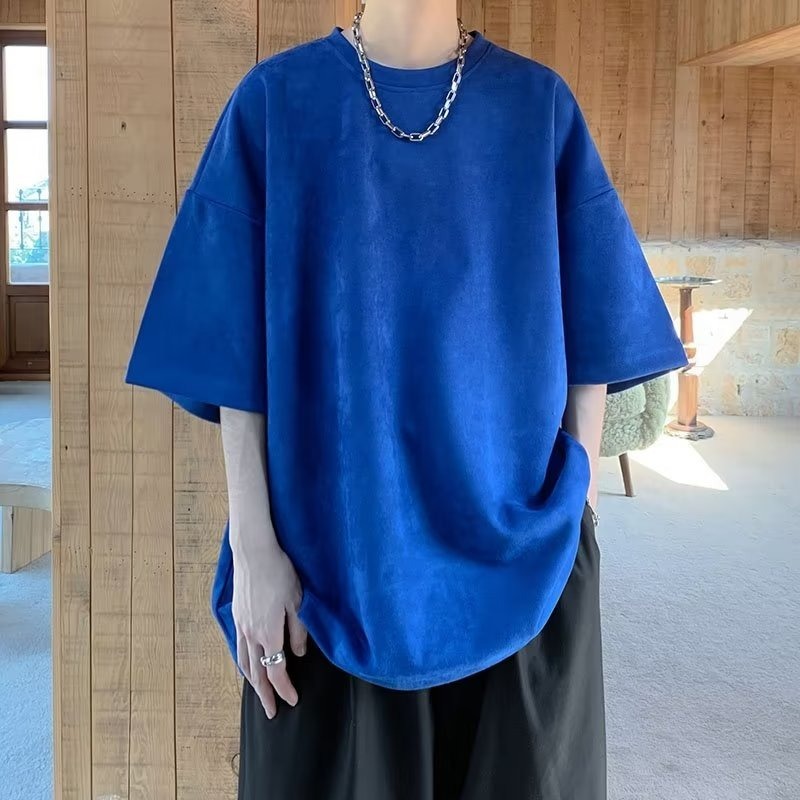 『癮品流行』美式重磅復古高街短袖T恤 麂皮絨T恤 素色T恤 圓領上衣 五分袖 純色簡約 休閒百搭 M-3XL-細節圖11