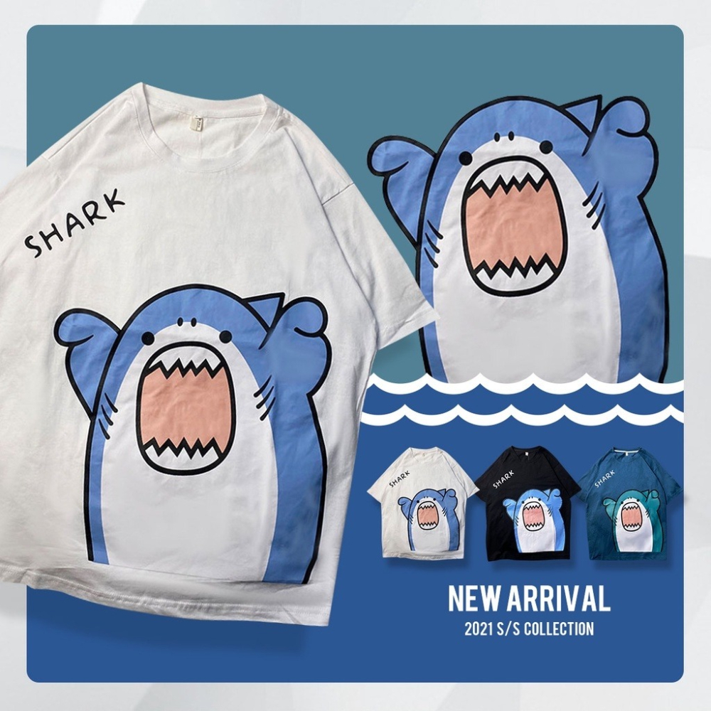 癮品流行』情侶短T恤韓版卡通鯊魚頭印花五分袖短袖上衣男女情侶裝夏天衣服- 癮品流行- iOPEN Mall