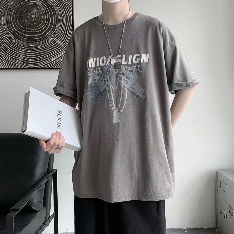 『癮品流行』港風項鏈印花夏季衣服 素t 潮流 日系 短袖T恤 男生 寬鬆 嘻哈 大尺碼 情侶 五分袖 男t 短T-細節圖3
