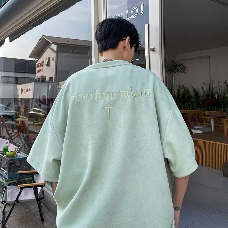 『癮品流行』美式復古t恤男夏季麂皮絨刺繡短袖上衣潮牌寬松休閑半袖T恤-細節圖8