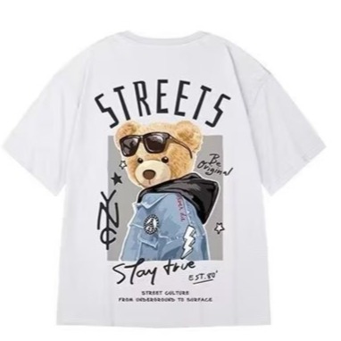 情侶短T恤 韓版小熊卡通印花大尺碼8XL寬鬆短袖五分袖上衣-細節圖6