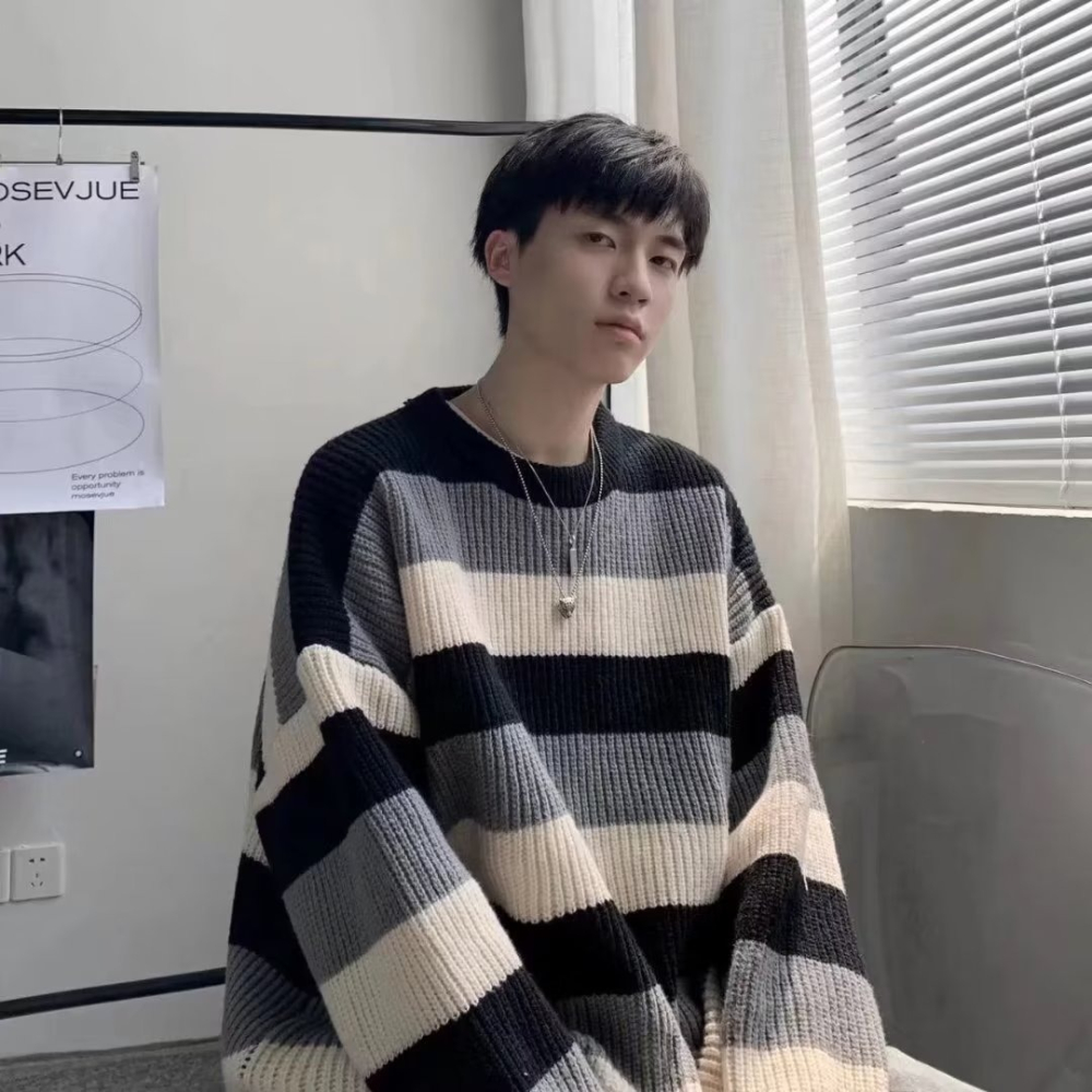 『癮品流行』情侶套裝 粗線毛衣男【M-2XL】秋冬新款拼色條紋毛衣男女同款 日系復古寬松圓領針織衫韓版潮牌上衣-細節圖7