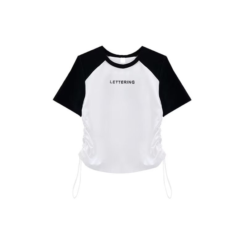 『癮品流行』韓版拼接撞色短袖T恤 簡約 T恤 百搭 短袖 上衣 短版 上衣女 短上衣 顯瘦 抽繩上衣女生四色可選-細節圖3