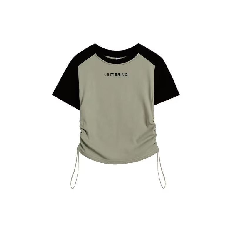 『癮品流行』韓版拼接撞色短袖T恤 簡約 T恤 百搭 短袖 上衣 短版 上衣女 短上衣 顯瘦 抽繩上衣女生四色可選-細節圖4