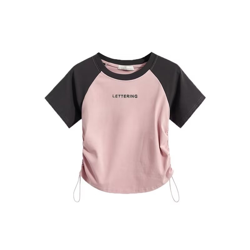 『癮品流行』韓版拼接撞色短袖T恤 簡約 T恤 百搭 短袖 上衣 短版 上衣女 短上衣 顯瘦 抽繩上衣女生四色可選-細節圖5