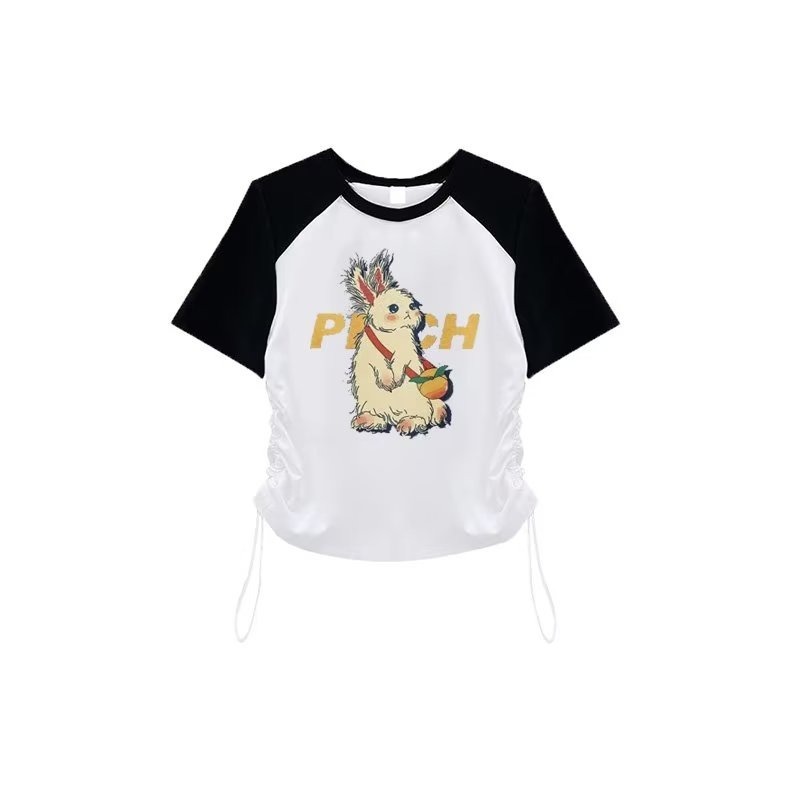 『癮品流行』兔子印花短版上衣女 復古 短袖T桖 短袖上衣 印花 短版素T 辣妹上衣 抽繩 打底短袖 ins潮-細節圖3