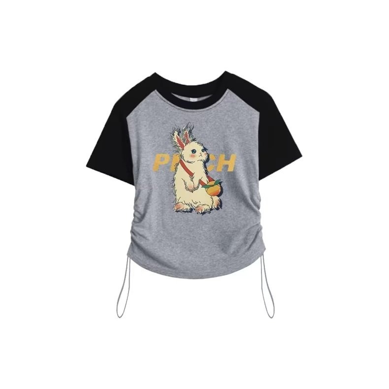 『癮品流行』兔子印花短版上衣女 復古 短袖T桖 短袖上衣 印花 短版素T 辣妹上衣 抽繩 打底短袖 ins潮-細節圖4