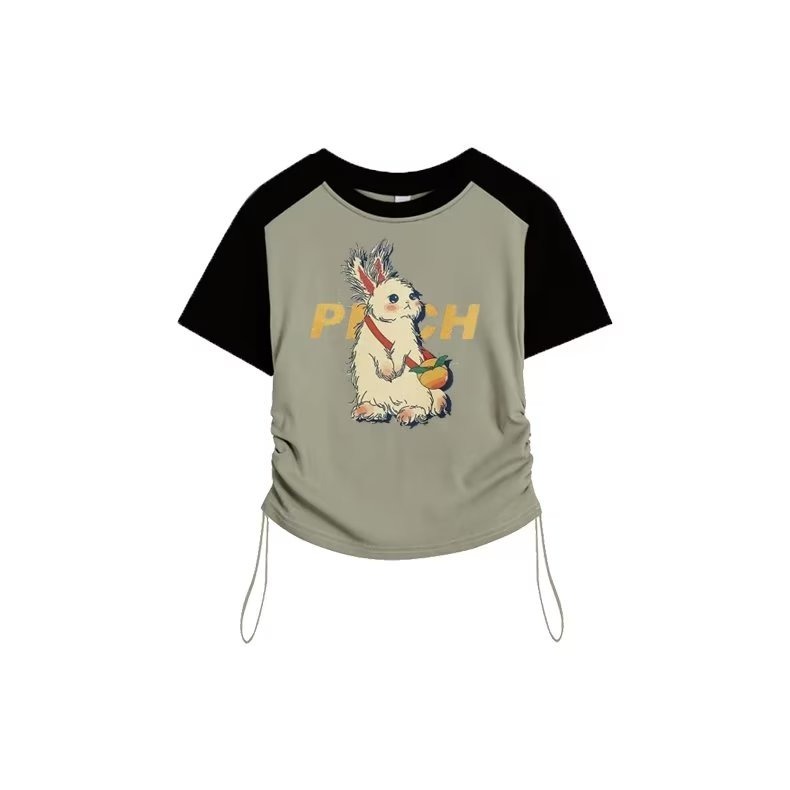 『癮品流行』兔子印花短版上衣女 復古 短袖T桖 短袖上衣 印花 短版素T 辣妹上衣 抽繩 打底短袖 ins潮-細節圖5