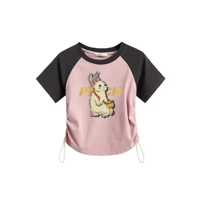 『癮品流行』兔子印花短版上衣女 復古 短袖T桖 短袖上衣 印花 短版素T 辣妹上衣 抽繩 打底短袖 ins潮-細節圖6