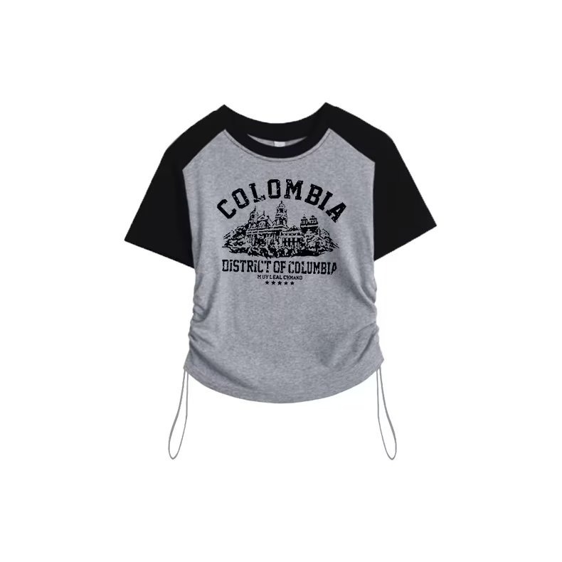 『癮品流行』短版 上衣女 短上衣 顯瘦 抽繩上衣韓版拼接撞色短袖T恤 簡約 T恤 百搭修身正肩上衣女-細節圖3