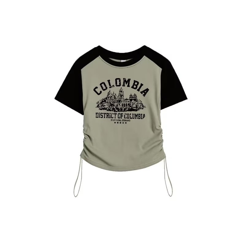 『癮品流行』短版 上衣女 短上衣 顯瘦 抽繩上衣韓版拼接撞色短袖T恤 簡約 T恤 百搭修身正肩上衣女-細節圖4