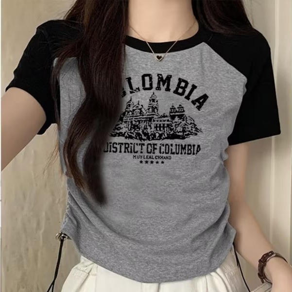 『癮品流行』短版 上衣女 短上衣 顯瘦 抽繩上衣韓版拼接撞色短袖T恤 簡約 T恤 百搭修身正肩上衣女-細節圖6