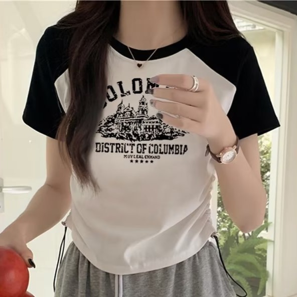 『癮品流行』短版 上衣女 短上衣 顯瘦 抽繩上衣韓版拼接撞色短袖T恤 簡約 T恤 百搭修身正肩上衣女-細節圖7