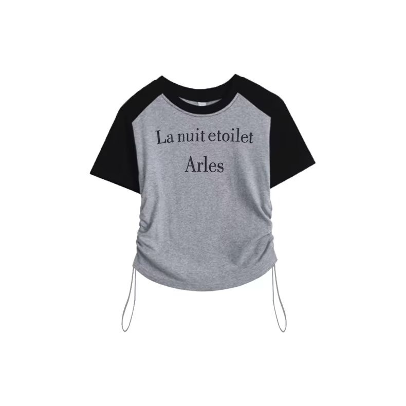 『癮品流行』復古美式字母印花 甜辣妹風 抽繩  撞色 正肩短袖上衣  夏季不規則T恤短版圓領 上衣女-細節圖3