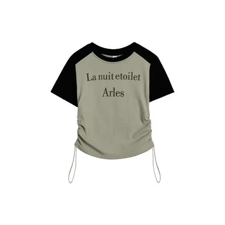 『癮品流行』復古美式字母印花 甜辣妹風 抽繩  撞色 正肩短袖上衣  夏季不規則T恤短版圓領 上衣女-細節圖4